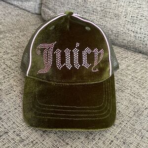 Juicy Couture Olive Green Velour Velvet Baseball Cap with Pink Crystal Logo